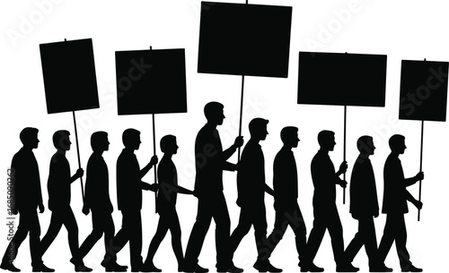 Silhouettes of people marching together holding blank protest signs