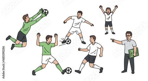 Dynamic soccer players illustration showcasing various actions on the field, ideal for sports-related content, educational materials, or coaching guides.