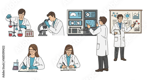 Scientists performing experiments and research in a laboratory setting, ideal for illustrating scientific advancements, research projects, or educational materials