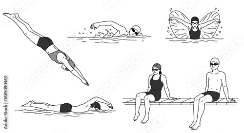 Vector Illustration Depicting Various Swimming Styles, Poses, and Water Activities for Sports, Fitness, and Instructional Design Purposes.