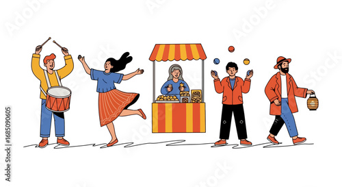 Festive town square celebration illustration featuring street performers, food stall, and vibrant colors for use in event promotions and community engagement