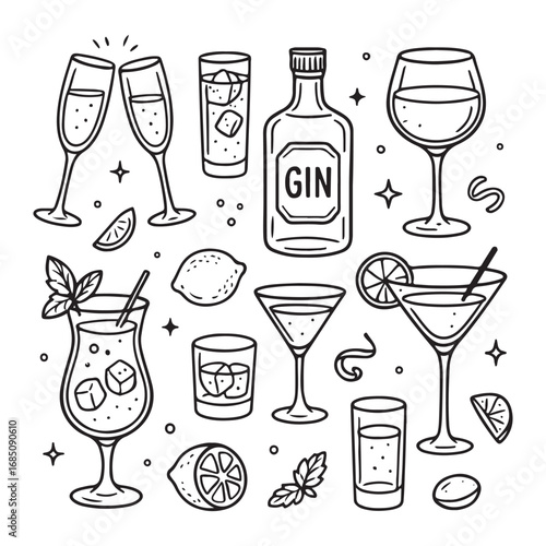 Alcohol cocktail bar doodle set, vector hand drawn beverages party vector