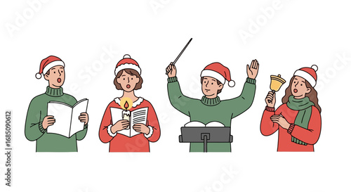 Festive Christmas carolers and conductor in santa hats singing and directing holiday songs for use in seasonal greeting cards or event promotions