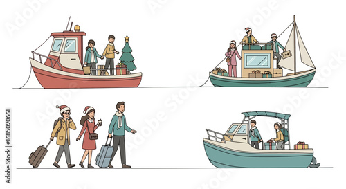 Families embarking on festive holiday boat trips, conveying themes of travel, togetherness, and seasonal celebrations, ideal for holiday tourism promotion
