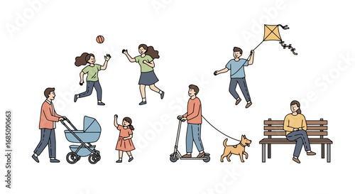 Diverse outdoor activities in a park setting illustration, showcasing a variety of leisure pursuits and social interaction for use in promotional and informational materials.