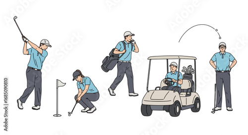 Golfing illustration set showcasing various actions on the course for instructional content, sports articles, and recreational activity promotions