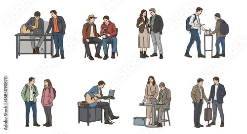 Diverse group of people engaged in various activities, representing modern lifestyle and social interactions for use in design projects and marketing materials
