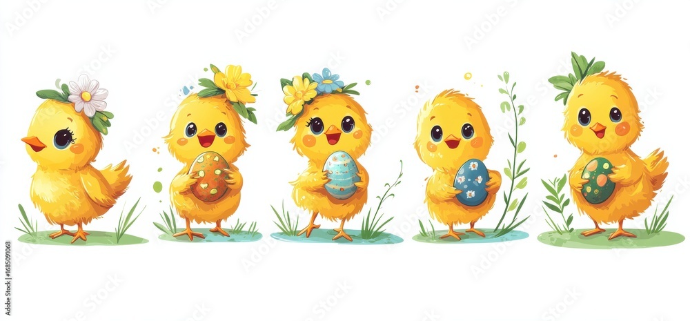 Fototapeta premium Cute yellow chicks holding decorated Easter eggs in cheerful garden setting