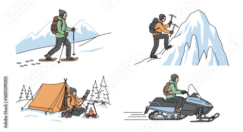 Diverse winter sports and activities illustrations showcasing outdoor adventures and recreational pursuits, perfect for travel blogs, sporting goods advertising, or educational materials