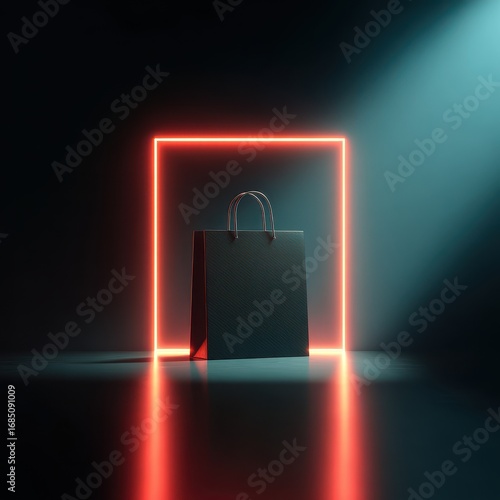 High quality photo of 3d render of a neon-glowing gift box, shopping bag, and smartphone with a blank screen, isolated on a black background. black friday concept.
