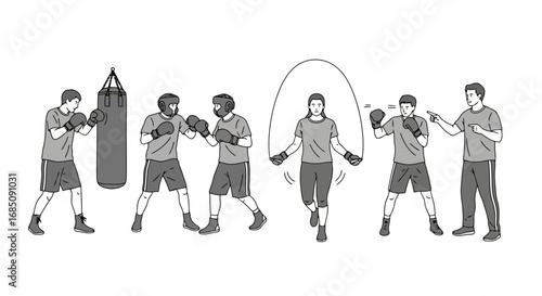 Boxing training illustrations showcasing various exercises including punching bag practice, sparring, jumping rope, and coaching for fitness and athletic development.