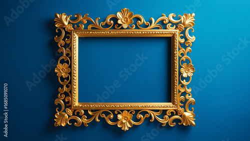 Ornate golden baroque-style frame with intricate scrollwork and floral motifs on deep blue background, featuring realistic metallic texture and detailed lighting
