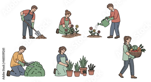 Illustrated sequence depicting people gardening, planting, watering, pruning, and harvesting vegetables, suitable for educational materials and lifestyle content.