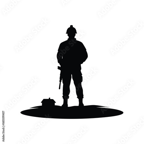 Silhouette of Armed Soldier Guarding a Small House on a Hill, soldier in military base silhouette vector illustration