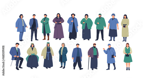 Diverse group of people standing and sitting wearing traditional clothing, suitable for cultural studies illustrations and heritage preservation awareness campaigns.