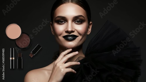 High fashion model with a glamorous look and dramatic makeup posing with cosmetics against a dark background