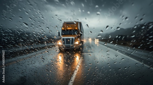 Truck Driving on Highway in the Rain