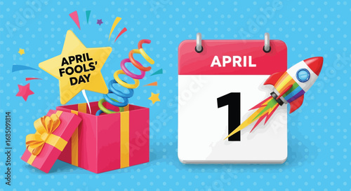 Vector illustration of april fools day concept with gift box, confetti, and calendar showing april 1st, isolated on blue background