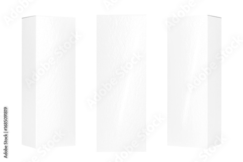 Glossy white box  mockup with tall rectangular front panel, three perspective views, showing side panel, on a transparent background.