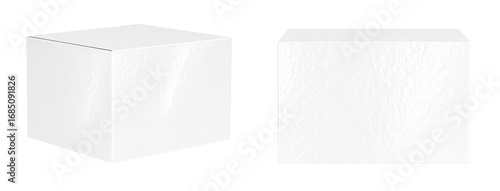 Glossy white box mockup with rectangular, long front panel in two perspective views, showing side panel, on a transparent background.