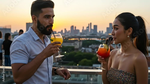 Romantic multiethnic couple happily toasting with cocktails on a rooftop at sunset against a cityscape background