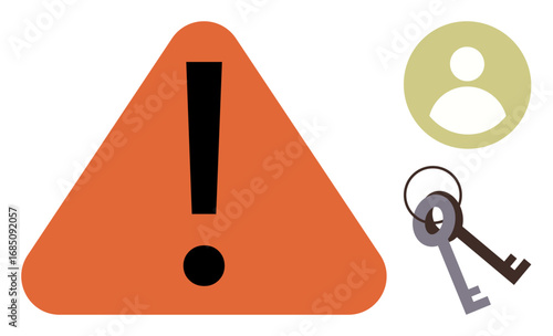 Orange triangle with exclamation mark, user icon, and two keys representing safety, data access, risk, cybersecurity, identity management, alerts and privacy. Ideal for caution security access