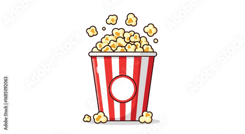 Vector illustration of a bucket of popcorn with red and white stripes, isolated on a, with popcorn spilling out