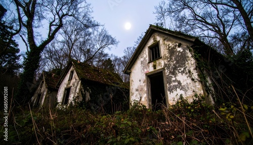 Abandoned buildings at twilight, overgrown with vegetation