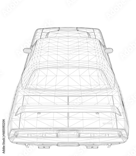 Vintage car wireframe model on white background, featuring detailed headlights, grille, and wheels.