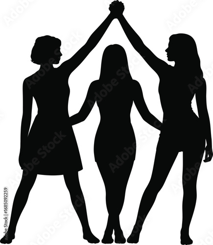 Three women in silhouette forming a house shape with their arms raised