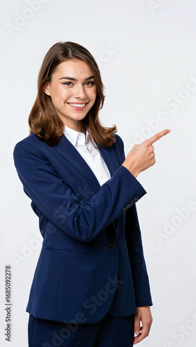 Woman in Navy Blazer Points to the Right isolated on a transparent background