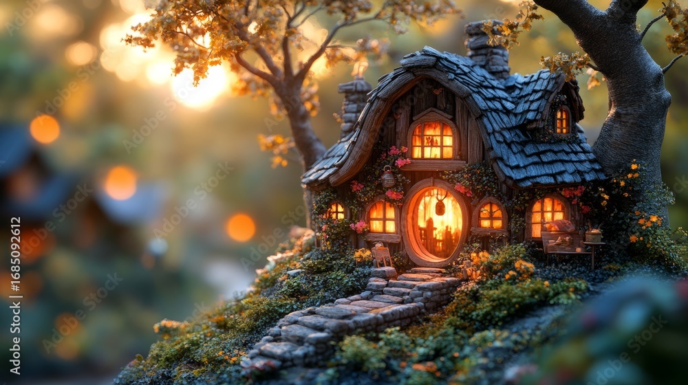 Fototapeta premium A cozy cottage amid vibrant autumn leaves glows warmly at sunset, creating a magical, tranquil scene