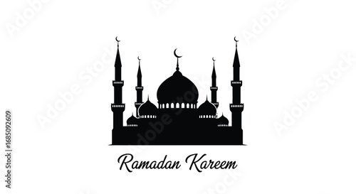 Vector illustration of silhouette of a mosque with minarets and a dome, featuring the text ramadan kareem