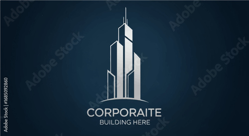 Modern skyscraper logo design on a dark blue background, an abstract symbol for a corporate business, real estate agency, or construction company