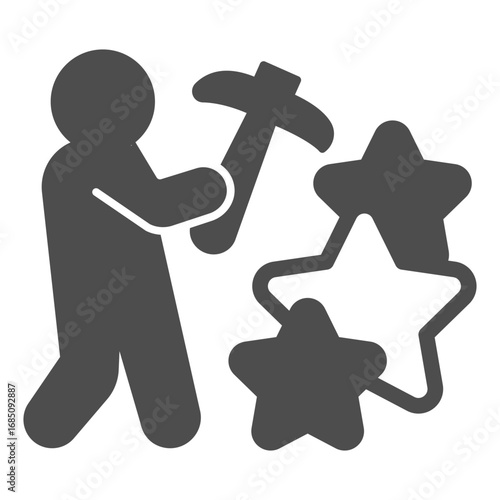 Worker man with pickaxe and stars solid icon, crypto metaverse concept. Vector graphics. Crypto miner and game points sign on white background, glyph style icon for mobile or web design.