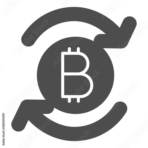 Arrows and bitcoin solid icon, cryptocurrency concept. Vector graphics. Cryptocurrency exchange, crypto coin sign on white background, glyph style icon for mobile or web design.