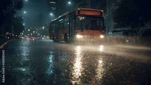 Fototapeta Naklejka Na Ścianę i Meble -  Urban Bus Navigating Rainy City Street at Night