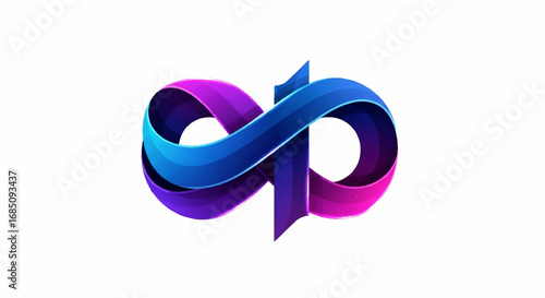 Sleek and modern abstract infinity loop icon, rendered in 3D with a dynamic purple, blue, and pink gradient, symbolizing eternal concepts and digital flow