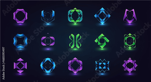 Digital collection of vibrant abstract geometric emblems and futuristic icons with a glowing neon effect on a dark background