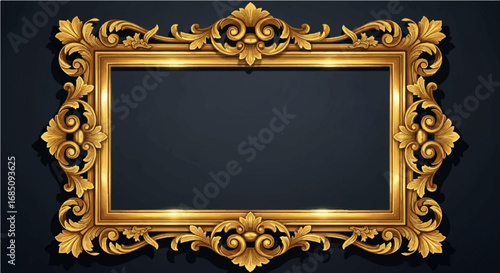 Elegant antique-style gold picture frame with ornate baroque carvings, a classic decorative element for art or mirrors against a dark background