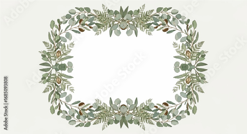 Elegant botanical wreath illustration with delicate green eucalyptus leaves forming a natural border for wedding invitations or greeting cards