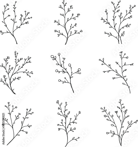 Minimal botanical sprig illustration set—delicate line drawings of leaves and buds for design, decor, or nature themes