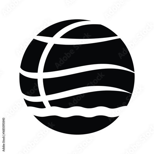 Monochrome stylized globe with curved land masses and wavy ocean graphic, water polo ball silhouette vector illustration