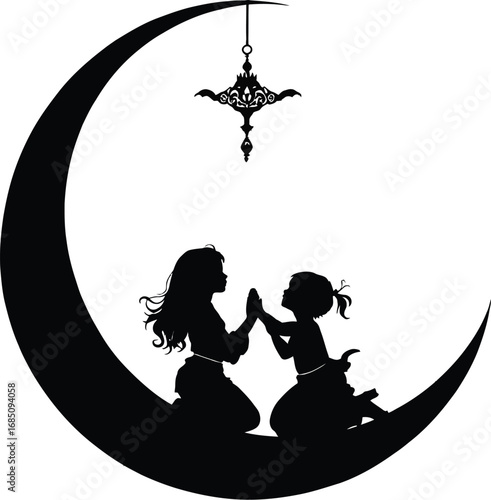 Silhouette of children playing on crescent moon under lantern—evokes joy, innocence, and festive spirit for Eid or Ramadan themes