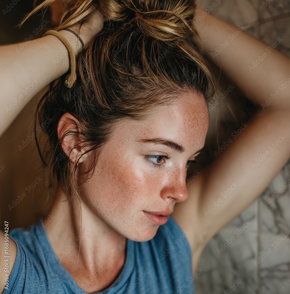 Fototapeta premium Young woman with tied hair looking to the side in natural soft light