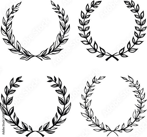 Black and white laurel wreath set—four classical victory and honor symbols in outline style for awards, design, and heraldry