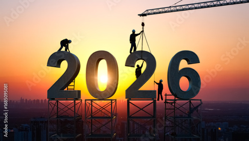 Group of people are working on a large sign that says 2026