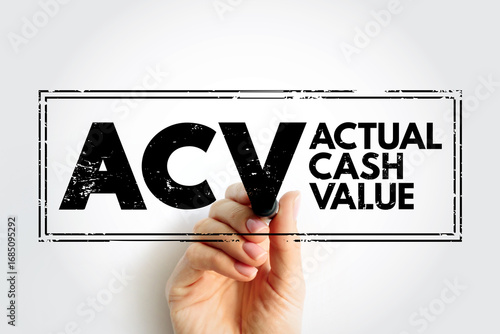 ACV - Actual Cash Value is a method of valuing insured property, or the value computed by that method, acronym text concept stamp