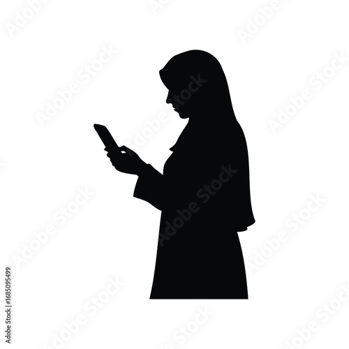 Silhouette of a Muslim woman in hijab using a mobile phone device, woman in hijab using smartphone silhouette vector illustration