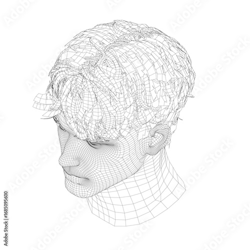 Male head wireframe model with realistic facial features, white background, detailed hair structure, and fashion-forward aesthetic.